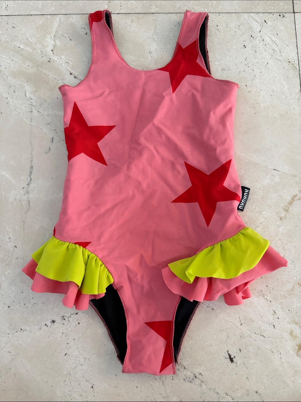 nununu Pink Star One-Piece Swimsuit with Lime Ruffle Accents